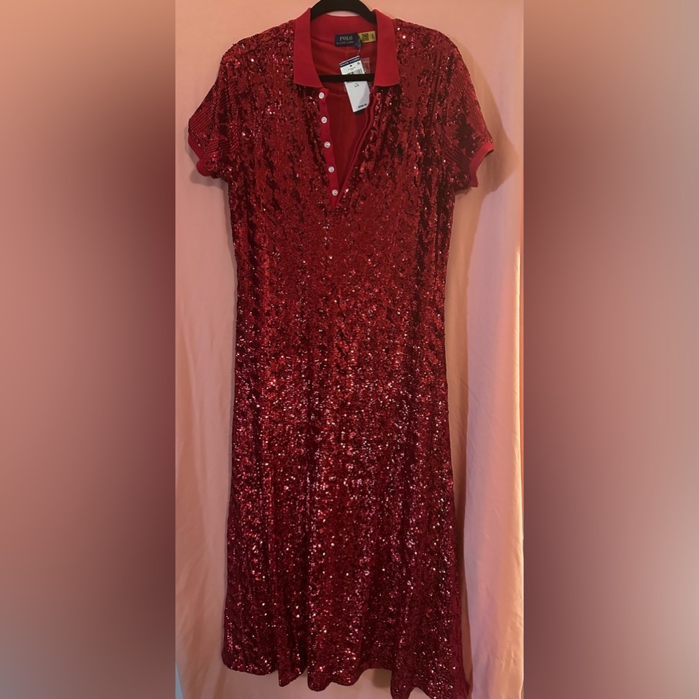POLO RALPH LAUREN WOMENS SEQUIN DRESS SIZE LG LENGTH FALLS BTWN CALF AND ANKLE.